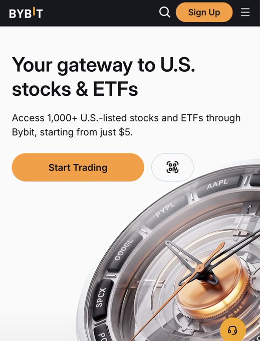 A promotional banner for Bybit's new U.S. stock trading service, featuring the headline "Your gateway to U.S. stocks & ETFs" and offering access to 1,000+ U.S.-listed stocks and ETFs starting from $5, with a "Start Trading" button alongside a stylized clock graphic displaying tickers like AAPL, PYPL, GOOGL, and SPCX. The image visually represents the "crypto broker" model described in the post, where a crypto exchange partners with regulated traditional brokers to give users seamless access to real TradFi assets.