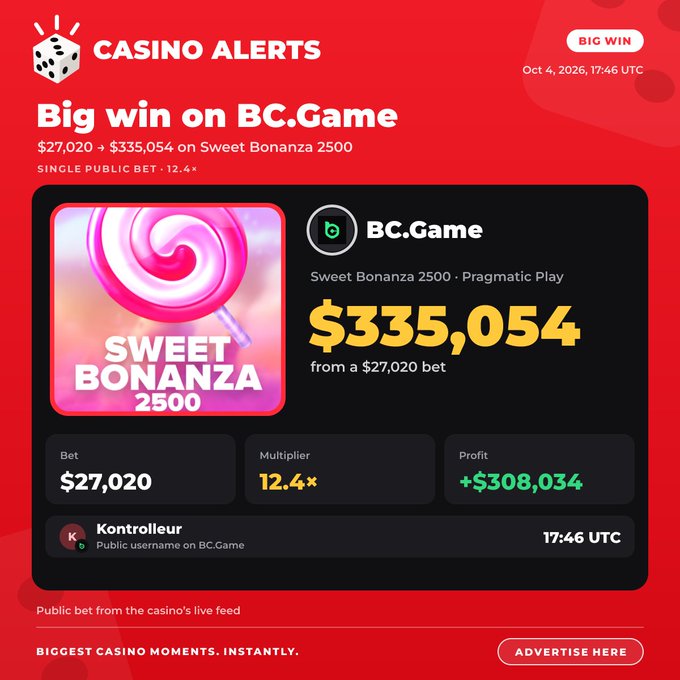 Casino Alerts graphic displaying a 'BIG WIN' on BC.Game dated Oct 4, 2026, showing a $335,054 win on Sweet Bonanza 2500 from a $27,020 bet with a 12.4× multiplier.