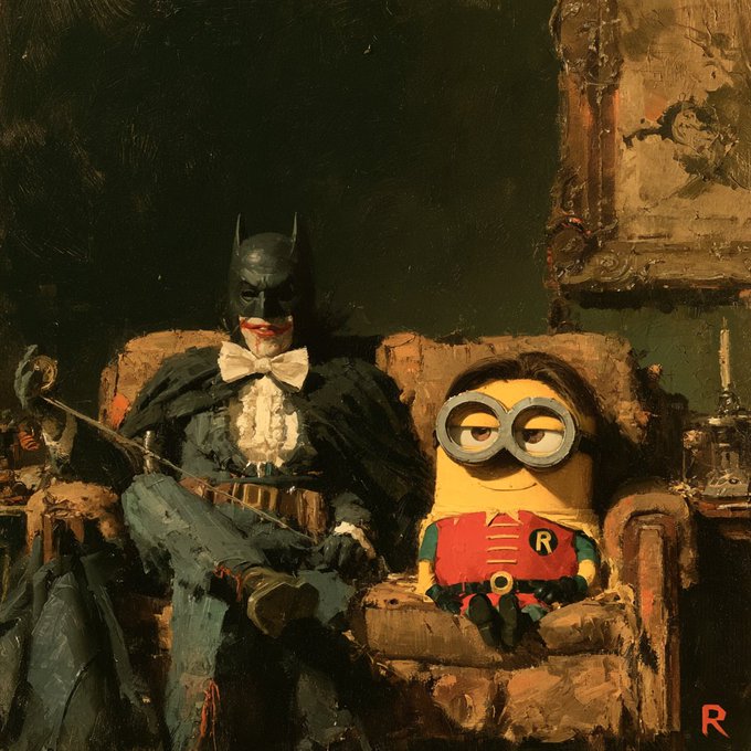 A classical-style oil painting depicting Batman in formal attire with a white bow tie sitting on a couch next to a Minion character wearing a Robin costume.