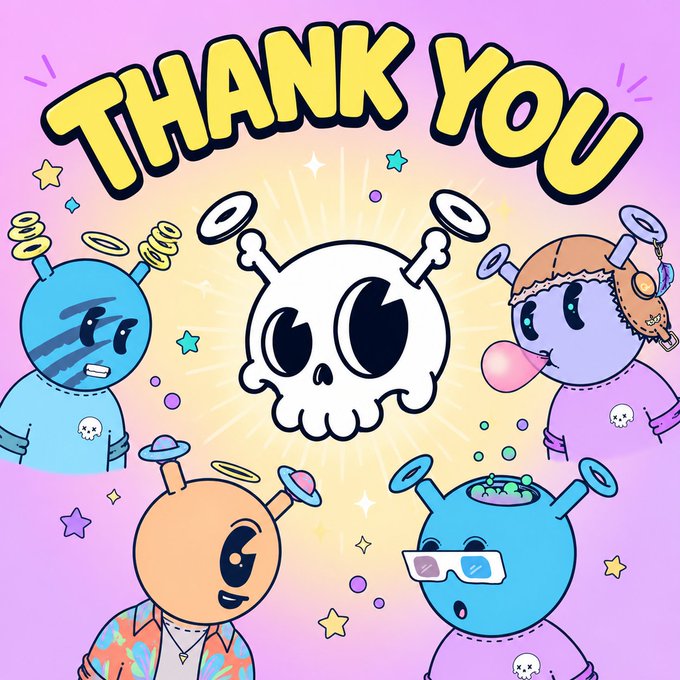 A colorful cartoon graphic features a central skull character surrounded by four quirky alien-like figures against a purple background with 'THANK YOU' written in bold yellow letters.