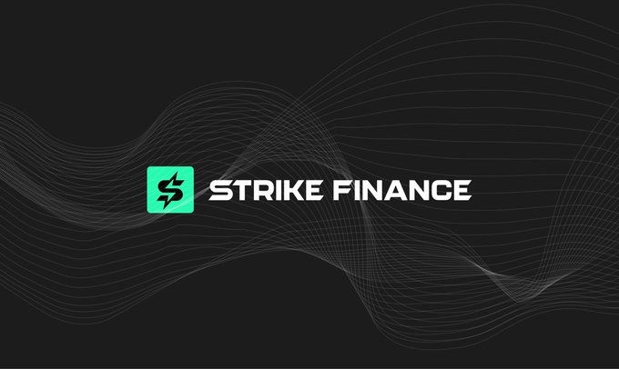 The "STRIKE FINANCE" logo appears in white text with a green icon on a dark background featuring flowing white wave lines.