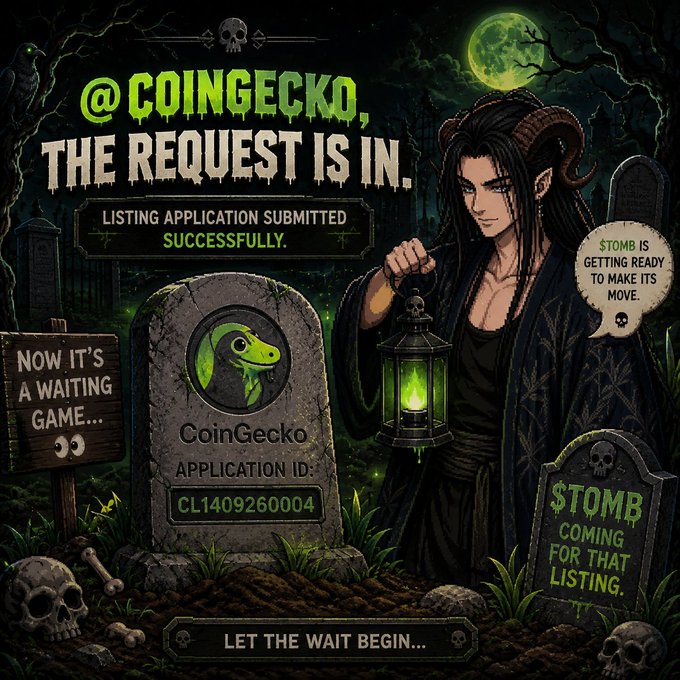 A spooky graveyard scene shows a horned, long-haired figure holding a glowing green lantern beside a tombstone engraved with "CoinGecko" and the application ID "CL1409260004," with signage reading "$TOMB COMING FOR THAT LISTING." The Halloween-themed graphic visually reinforces the post announcing $TOMB's submitted CoinGecko listing application and the anticipation of its imminent debut.