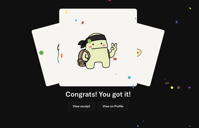 A celebratory screen with confetti reading 'Congrats! You got it!' featuring a cute cartoon character with a headband and basket, with buttons to 'View receipt' or 'View on Profile'.