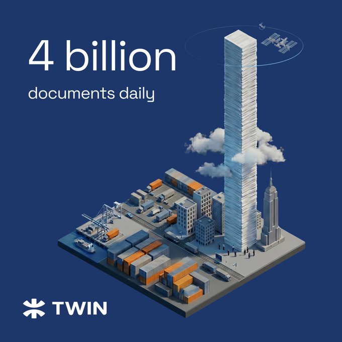 The image features a large, tall building with multiple floors stacked one above another, resembling a skyscraper or a very tall tower. The text "4 Billion Documents daily" is written below this structure, indicating that there are four billion documents being processed daily.