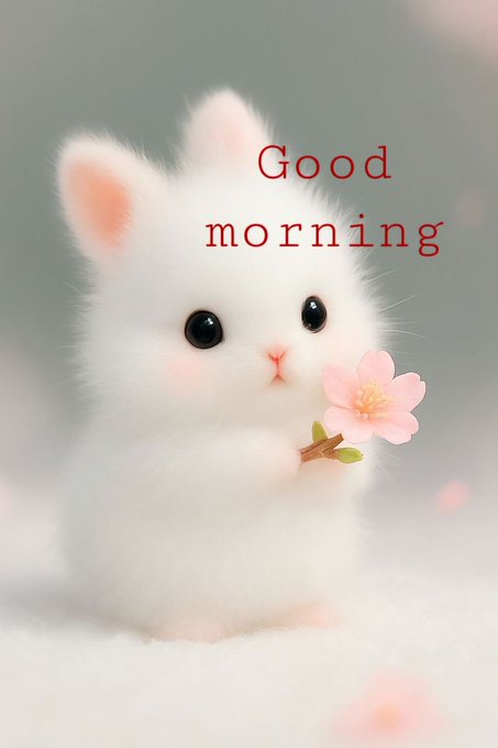 An adorable fluffy white kitten holding a pink flower with 'Good morning' written in red text above it.