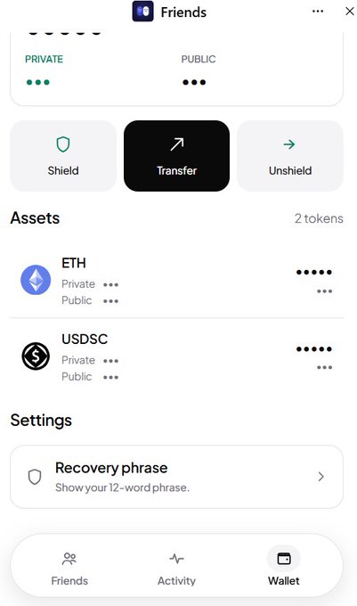 A mobile wallet app screenshot showing Friends menu with Shield, Transfer, and Unshield buttons, displaying assets ETH and USDC with Private and Public balances, and a Recovery phrase settings option.