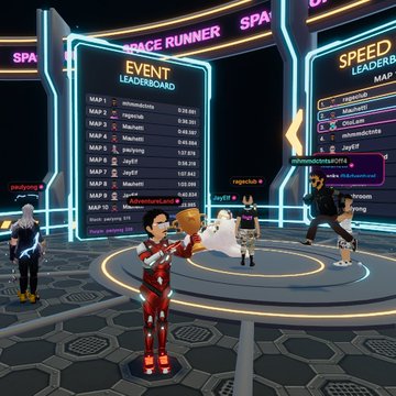 A screenshot of a virtual reality game showing an 'EVENT LEADERBOARD' for 'SPACE RUNNER' with player avatars standing on a platform.