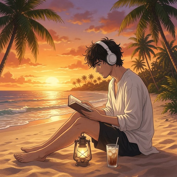 An anime-style illustration shows a young man with headphones reading a book on a tropical beach at sunset, accompanied by a lantern and a drink, evoking a sense of relaxed self-care and wellness. This serene scene ties to the post's theme of personal health data, positioning $SLEEP as the reward for the wellness routines users already practice privately.