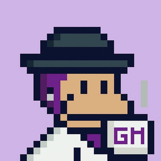 A pixel art profile picture of a person wearing a black hat and a 'GH' logo, set against a purple background.