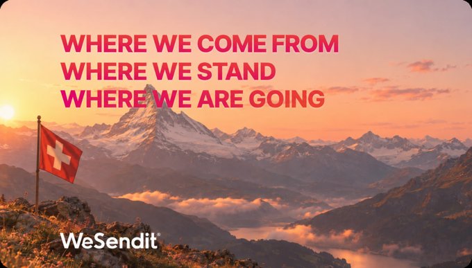 A scenic Swiss mountain landscape with a Swiss flag at sunrise/sunset, overlaid with pink text reading 'WHERE WE COME FROM, WHERE WE STAND, WHERE WE ARE GOING' and the 'WeSendit' logo.