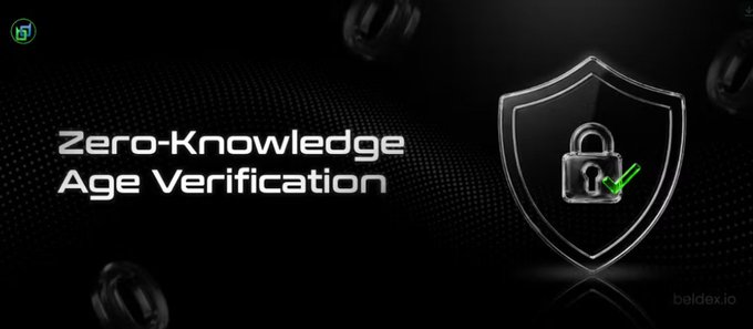 A black promotional banner reads 'Zero-Knowledge Age Verification' with a padlock and checkmark shield icon, branded with 'baldex.io' in the corner.
