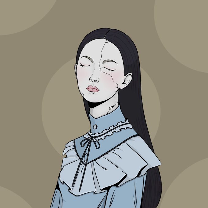 A digital illustration of a pale girl with long black hair wearing a cracked porcelain-like mask, dressed in a blue frilled collared shirt against a beige circular background.