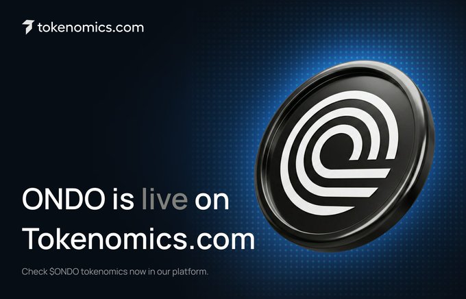 A Tokenomics.com announcement stating 'ONDO is live on Tokenomics.com' with a black circular ONDO coin featuring a stylized 'e' logo on a blue dotted background.