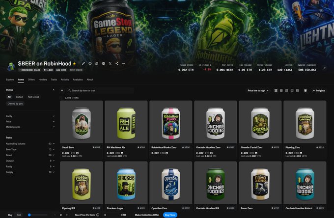 This image displays the NFT marketplace for "$BEER on RobinHood", showcasing various beer can NFTs with names like "Saudi Zero" and "Stackers Lager". The scene is set with a backdrop featuring popular meme culture imagery, aligning with the post's announcement of "$BEER day" for holders and the promotion of 3D NFTs.