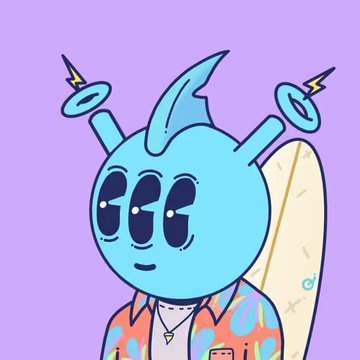 A cartoon illustration of a turquoise alien-like character with halo antennae, large blue eyes, wearing a tropical shirt and holding a surfboard against a purple background.