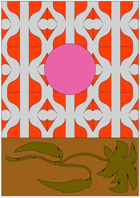 An illustration features a pink circle over a repeating orange and grey patterned background, with green chili peppers and leaves on a brown strip at the bottom.