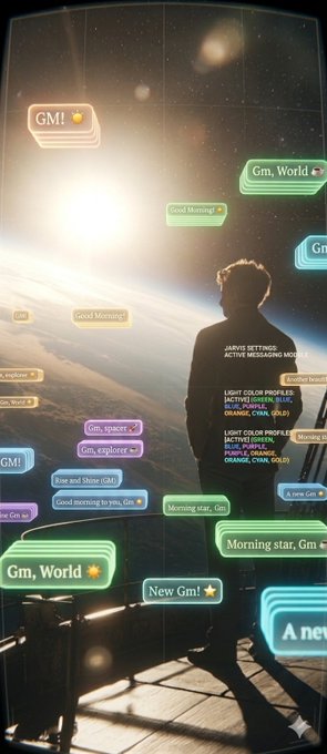 A person silhouetted against Earth from space, surrounded by floating holographic chat messages like 'Gm, World,' 'Good Morning,' and 'New Gm!'.