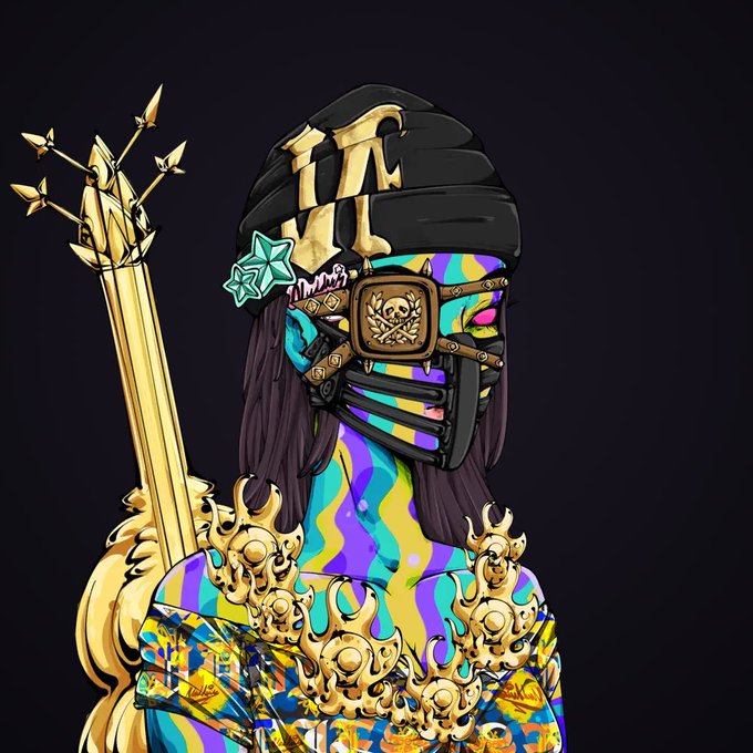 A digital illustration of a colorful, stylized warrior wearing a black beanie with gold 'MC' lettering, a slatted face mask, and gold flame armor, holding a golden weapon.