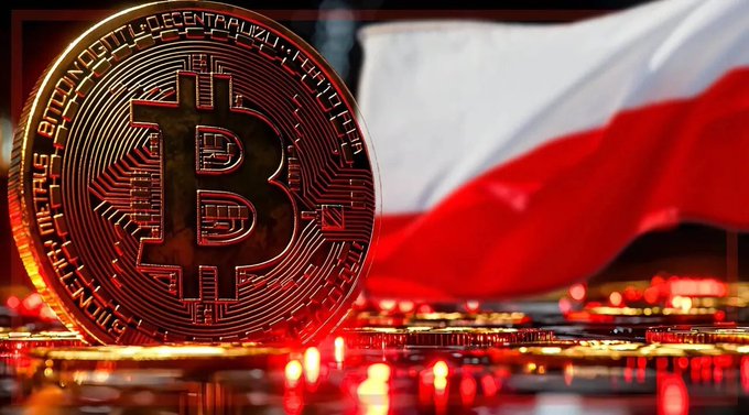 A golden Bitcoin token featuring the iconic "₿" symbol and the words "BITCOIN DIGITAL DECENTRALIZED PEER TO PEER" engraved around its edge stands prominently against the backdrop of the Polish flag, its red and white colors blurred behind a glowing circuit board lit with red and orange LEDs—visually representing Poland's stalled attempt to establish clear cryptocurrency legislation after Parliament fell 25 votes short of overriding President Nawrocki's veto.
