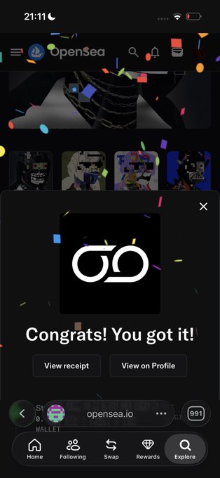 The image shows a phone screen with an app called OpenSea, which has a "Congratulations! You got it!" message displayed at the bottom of the screen. The background of the screen features confetti falling from the top left corner. There is also text on the screen that reads "Just minted @R3ORDR by @Dario_Desiena thank you @V3LCOR3". This suggests that someone has recently purchased an item or won a contest through the app, and they are now sharing their success with others.