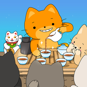 An illustration of cartoon cats gathered around a table, with an orange cat pouring tea from a white kettle into bowls for the other cats.