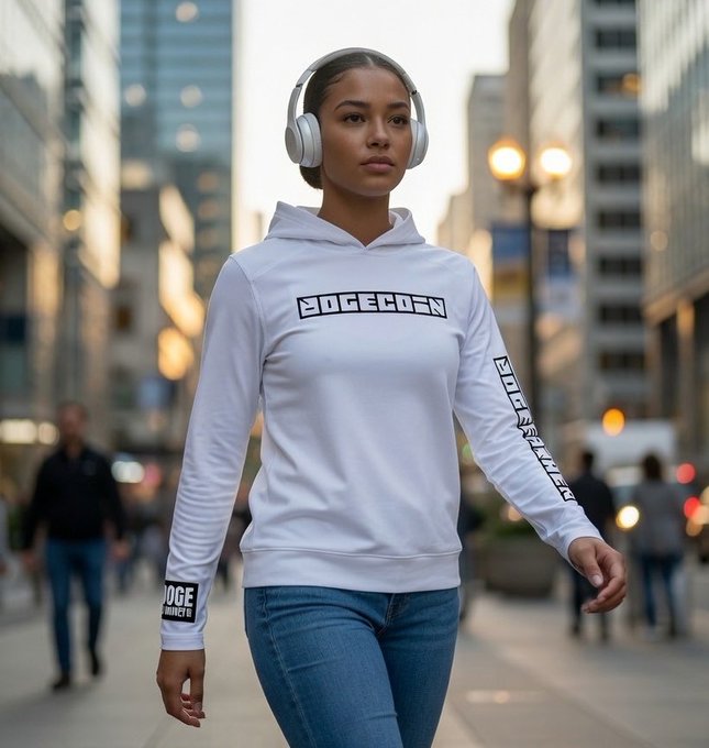 The image features a young woman wearing a white hoodie with the word "SOGEONEN" printed on it, along with headphones around her neck. She appears to be walking down a city street or sidewalk while listening to music through her headphones. The photo is taken from an angle that emphasizes the woman and her surroundings, showcasing both the clothing she's wearing and the urban environment in which she's located.
