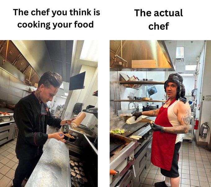 A two-panel meme comparing 'The chef you think is cooking your food' (a tidy chef plating food) with 'The actual chef' (a man in a tank top, red apron, and furry winter hat working the grill).