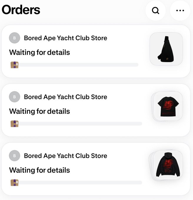 A mobile screenshot of an Orders page showing three pending orders from 'Bored Ape Yacht Club Store,' all marked 'Waiting for details' with images of apparel items including a beanie, t-shirt, and hoodie.