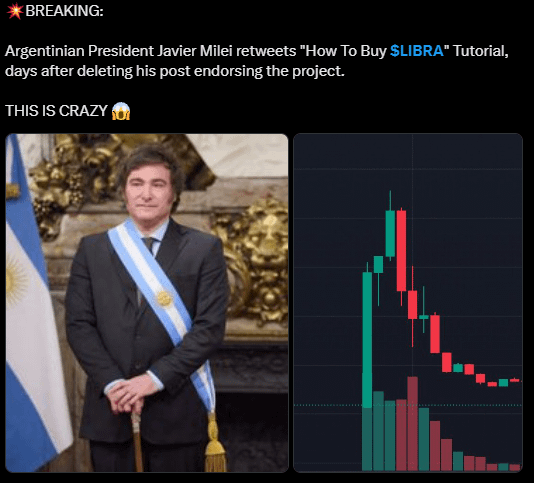 The image shows a breaking news announcement stating "Argentinian President Javier Milei retweets 'How To Buy $LIBRA' Tutorial, days after deleting his post endorsing the project," accompanied by a photo of Milei in formal presidential attire with the Argentine flag and a candlestick chart showing the token's price collapse. This relates to the post's discussion of launchpad risks, as Milei's presidential endorsement of $LIBRA—an apparent rug pull based on the steep downward chart—exemplifies exactly the kind of insider-driven volatility and trust failures that immutable, fixed-supply launchpads like Lift aim to eliminate.