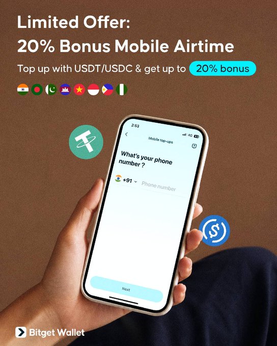"Your next mobile recharge could come with a bonus! The Mobile Airtime Campaign is officially live on #BitgetWallet. Here' s what you need to do: Choose an eligible airtime package Pay with USDT/USDC Hit the minimum spend requirement Receive up to 20% bonus airtime". Focus on what is in the image and how it relates to the post, by highlighting the relevant elements such as hand holding a phone with the words 'What's your phone number?', the time of 24:02 PM (noon), and the link to pay for an airtime package.