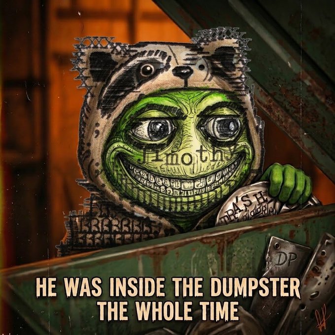 A digital artwork depicts a menacing green grinning face wearing a panda hood peeking out of a dumpster, with the text 'HE WAS INSIDE THE DUMPSTER THE WHOLE TIME'.