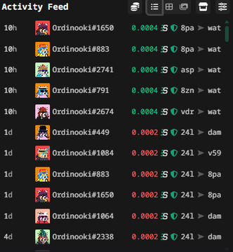 An activity feed displaying recent transactions involving Ordinooki NFT tokens, showing sales of 0.0004 and 0.0002 SOL.