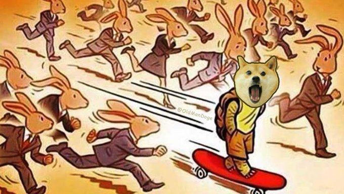 The image features a cartoon depiction of a dog riding a skateboard, surrounded by a group of people dressed like businessmen running past him. The caption for this image reads "Dogecoin is fast $doge". This suggests that the Dogecoin cryptocurrency has gained significant attention and value in recent times due to its rapid growth and popularity among users.

The image also includes a reference to the post about the Dogecoin coin, which further emphasizes the connection between the cartoon and the real-world event. The combination of the cartoon and the caption creates an interesting juxtaposition that highlights both the humor and the significance of the Dogecoin phenomenon in today's digital age.