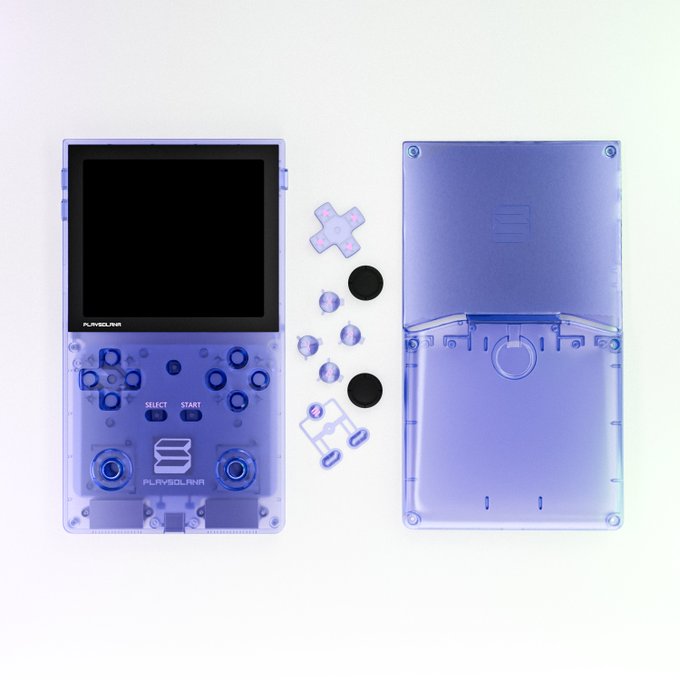 A translucent purple handheld gaming device called the "PLAYSOLANR" PSG 1 is shown from front and back views, with its disassembled button caps and thumbsticks laid out between the two shells. The word "nudes" in the caption likely refers to the device's clear, see-through casing that reveals its internal components.