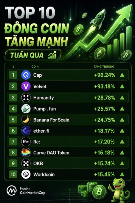 A green-themed Vietnamese infographic titled 'TOP 10 ĐỒNG COIN TĂNG MẠNH TUẦN QUA' showing a ranking of cryptocurrencies with growth percentages, led by Cap (+96.24%), Velvet (+93.18%), and Humanity (+28.78%), sourced from CoinMarketCap.