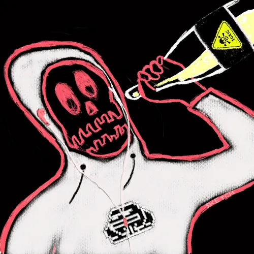 An illustration of a hooded figure in a white and red hazmat-style suit drinking from a black bottle labeled 'TOXIN' with a yellow hazard symbol.