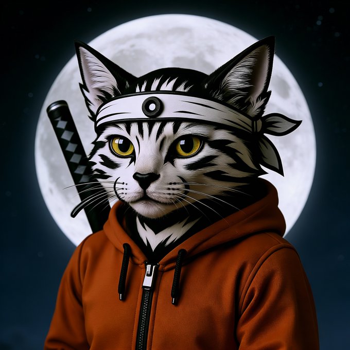 An illustration of a cat dressed as a ninja wearing an orange hoodie and headband, with a sword on its back, set against a full moon.