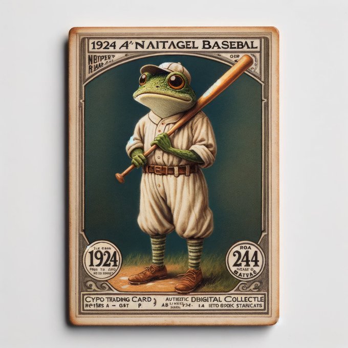 A vintage-style baseball trading card from 1924 depicting an anthropomorphic frog dressed in an old-fashioned baseball uniform holding a wooden bat, with text including 'CYPO TRADING CARD' and 'AUTHENTIC DIGITAL COLLECTIBLE'.