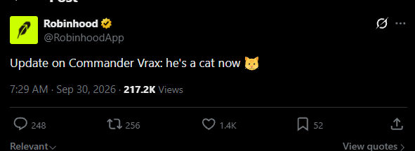 A Robinhood tweet reads 'Update on Commander Vrax: he's a cat now 🐱' dated Sep 30, 2026 with 217.2K views.