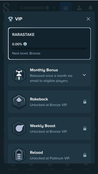 Mobile app interface showing a VIP rewards program called RARASTAKE at 0.00%, with locked features including Monthly Bonus, Rakeback, Weekly Boost, and Reload.