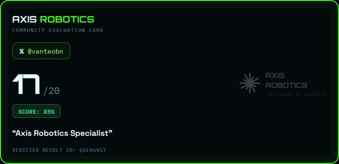 An 'Axis Robotics Community Evaluation Card' displayed for X user @vanteobn, showing a score of 17/20 (85%) with the title 'Axis Robotics Specialist' and a verified result ID.