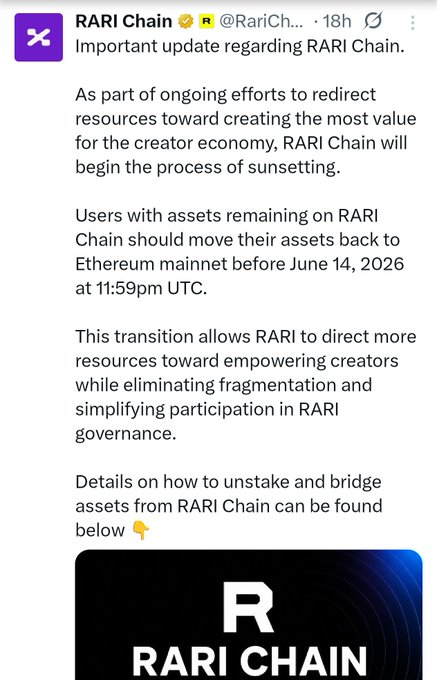 The image shows a message from Rari Chain, a popular cryptocurrency exchange, about their account. The main focus of this message is to inform users that they need to move their assets from Rari Chain before June 14, 2026 or else they will lose them due to sunsetting. This provides important details for the users regarding the status of their account and how to ensure they remain active with their Rari Chain wallet until the new expiration date on June 14, 2026.