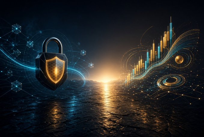 A digital artwork showing a black padlock with a glowing yellow shield on the left and golden candlestick financial charts on the right, set against a dark seascape with a glowing horizon.