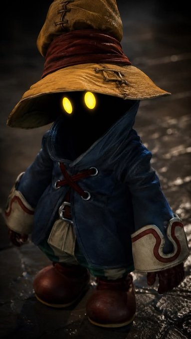 A 3D rendering of a character in a black hood and brown wizard hat with glowing yellow eyes, wearing a blue and red robe, resembling Vivi from Final Fantasy IX.