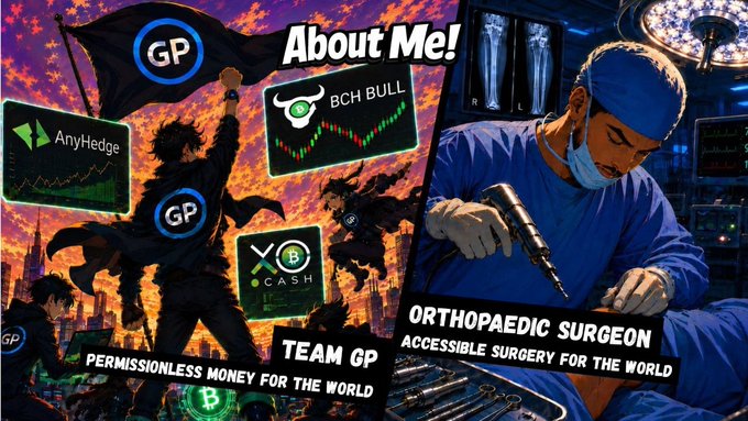 A graphic promoting 'TEAM GP' featuring an anime-style character with a GP flag, BCH BULL, AnyHedge, X.CASH logos, alongside an illustration of an orthopaedic surgeon.