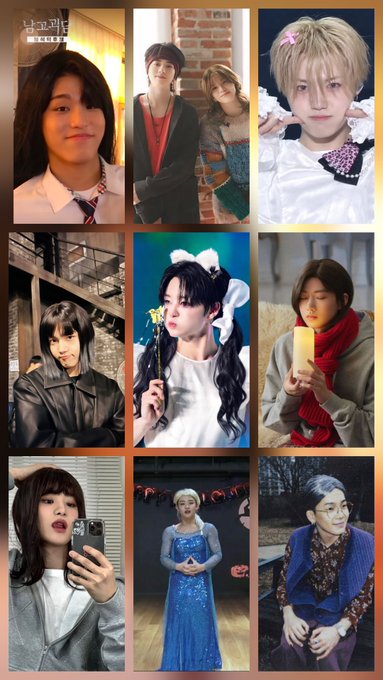 A nine-photo collage of young men in different outfits and settings, including brick walls, winter clothing, formalwear, and selfie-style portraits.