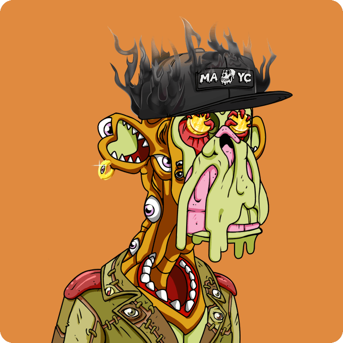 A grotesque cartoon character with multiple eyes, dripping green slime, and sharp teeth wears a black cap engulfed in flames with the text 'MA YC' and a skull logo.