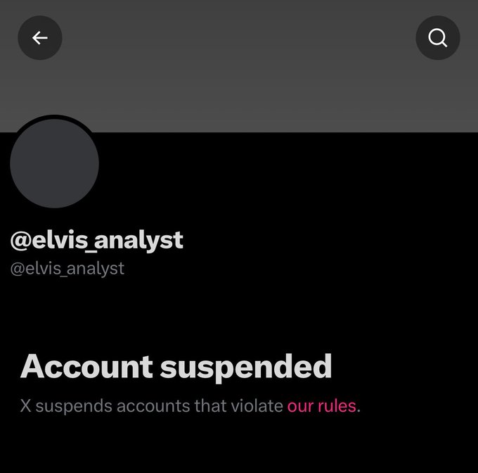 The image shows a suspended X (formerly Twitter) account under the handle @elvis_analyst, displaying the message "Account suspended" with a note that "X suspends accounts that violate our rules."

This relates to the caption by highlighting how quickly people forget consequences of platform rule violations, using the suspension notice as a stark visual reminder of accountability for misconduct on social media.