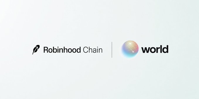 A promotional image showing 'Robinhood Chain' and 'world' (Worldcoin) logos side by side.