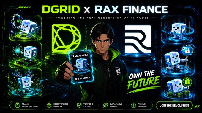 The image features a poster for a campaign called "RAX Finance" with a man holding up a card, possibly a business card or a ticket, which has a picture of a robot on it. The poster also includes text that reads "The RAX ecosystem is starting to feel much bigger than a single campaign with RAX Forge now live and the new @RaxFinance × @dgrid_ai collaboration underway community members have multiple ways to get involved earn rewards and contribute to something that' s steadily growing". The poster seems to be promoting an event or initiative related to the RAX ecosystem, possibly involving RAX Finance.